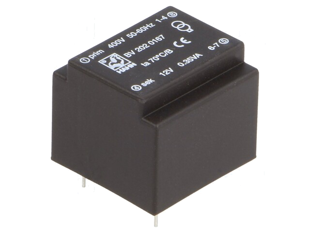 Transformator: ingegoten; 0,35VA; 400VAC; 12V; 29mA; PCB; BV Transformator: ingegoten; 0,35VA; 400VAC; 12V; 29mA; PCB; BV